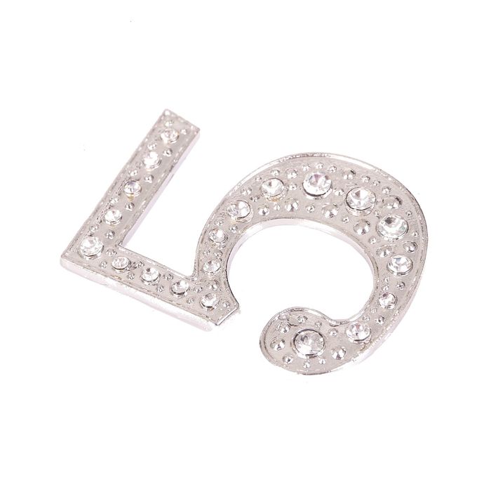 Дверной номер со стразами "5" (серебро), 3,9 х 5 см