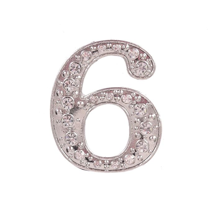 Дверной номер со стразами "6" (серебро), 4,3 х 5 см