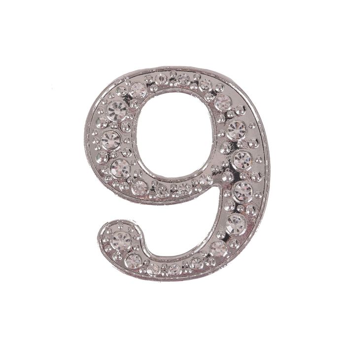 Дверной номер со стразами "9" (серебро), 4,1 х 5 см