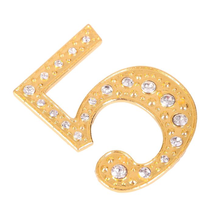 Дверной номер со стразами "5" (золото), 3,9 х 5 см