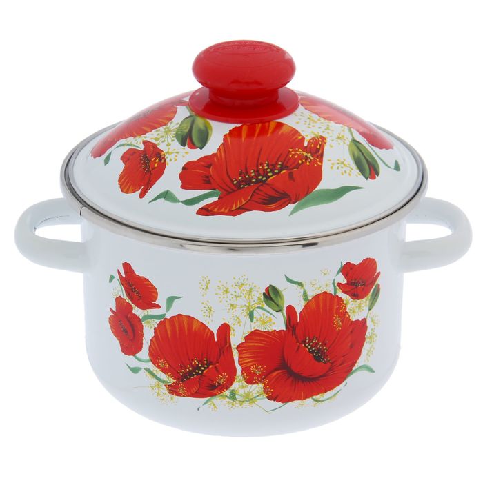 Кастрюля цилиндрическая 2 л "Маки" с ободком, цвет белый