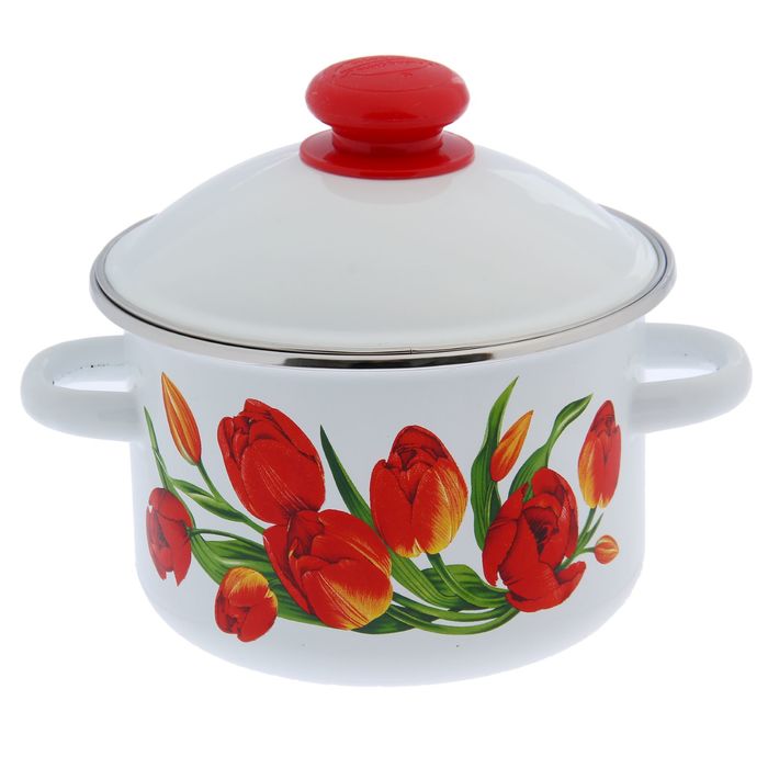 Кастрюля цилиндрическая 2 л "Тюльпаны" с ободком, цвет белый