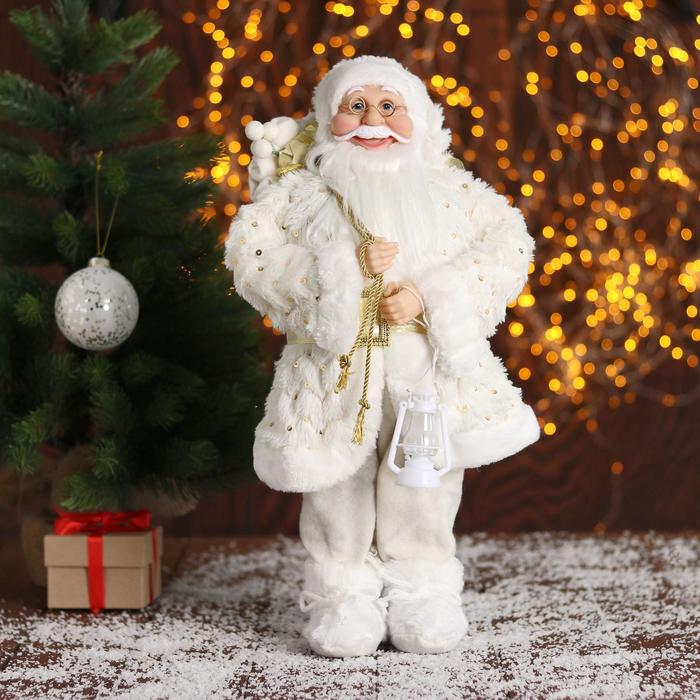 дед мороз в синей шубке с подарками двигается с подсветкой 38 см Дед Мороз В белой шубке, с подарками 45 см