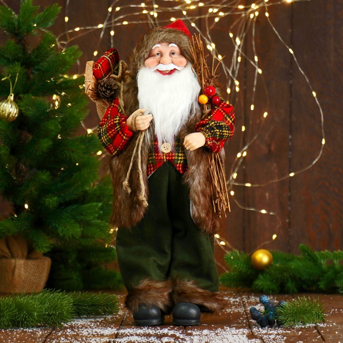 дед мороз в пушистой шубе колпачке с подарком 47 см бело золотой Дед Мороз В пушистой жилетке, с веточками 45 см