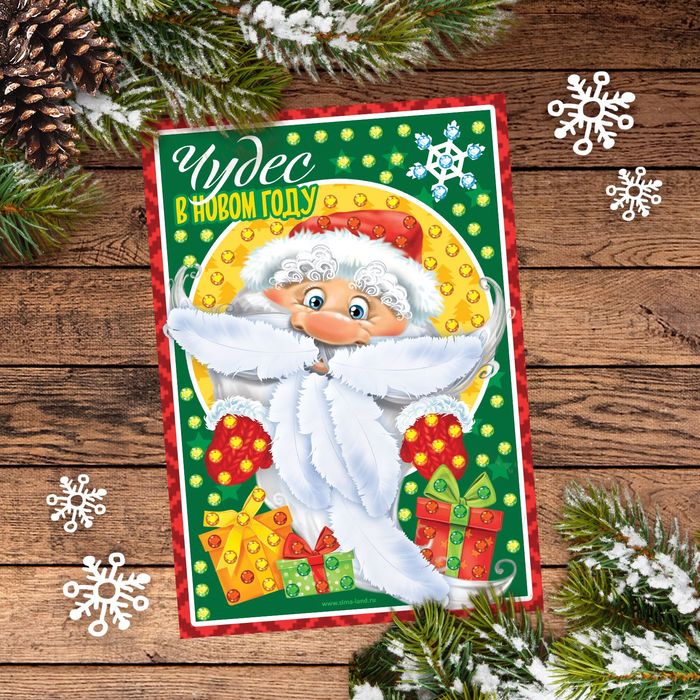 Аппликация перьями и стразами "Дед Мороз" + бантик