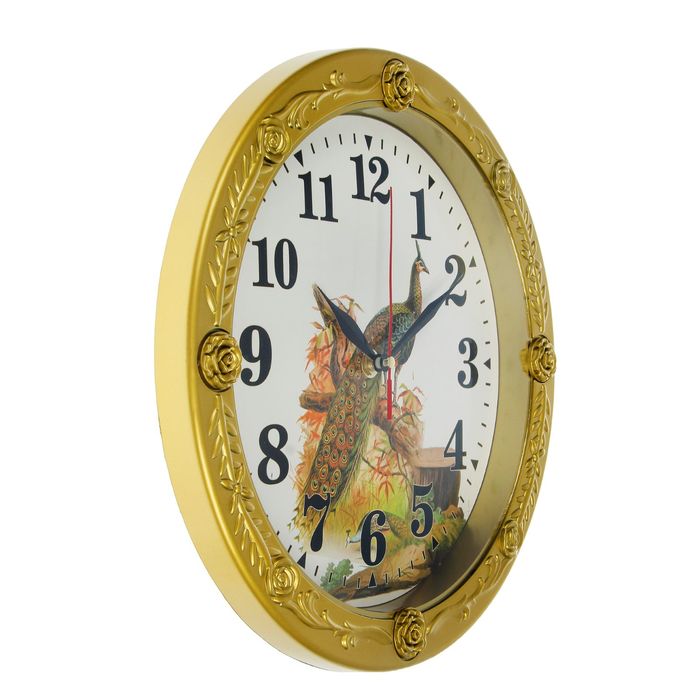 Часы настенные круг, корпус золото, павлин на ветке 30*30*4 см.