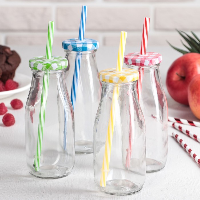 Бутыль 300 мл с крышкой и трубочкой, цвета МИКС