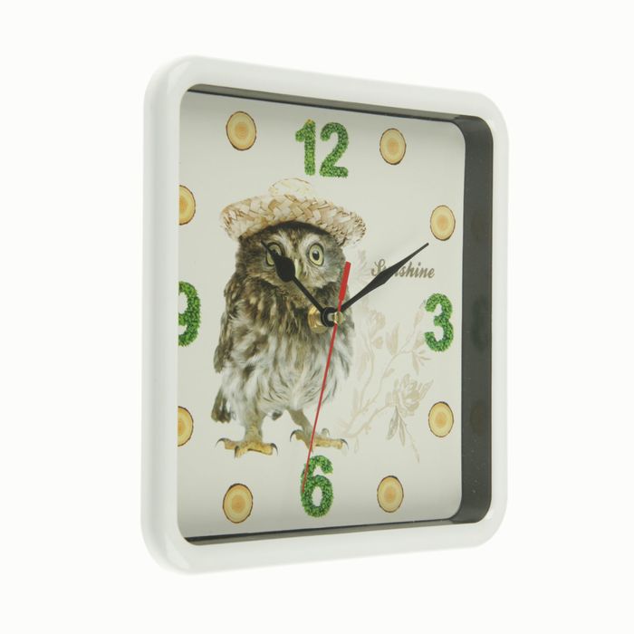 Часы настенные квадрат, рама белая, Сова в шляпке, 21,5*21,5см