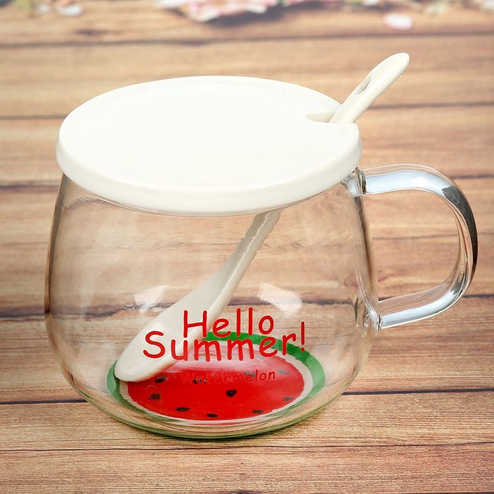 Кружка 280 мл "Свежесть", с крышкой и ложкой, цвета МИКС