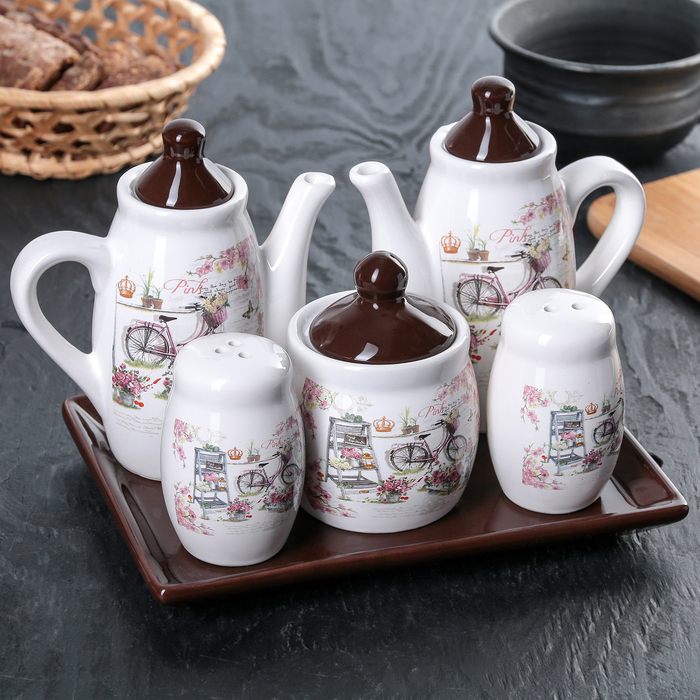 Набор для специй "Римские каникулы", 5 предметов на подставке: соусник 200 мл, сахарница 150 мл, солонка 7х4,5 см