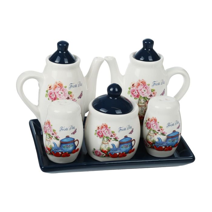 Набор для специй "Летнее настроение", 5 предметов на подставке: соусник 200 мл, сахарница 150 мл, солонка 7х4,5 см