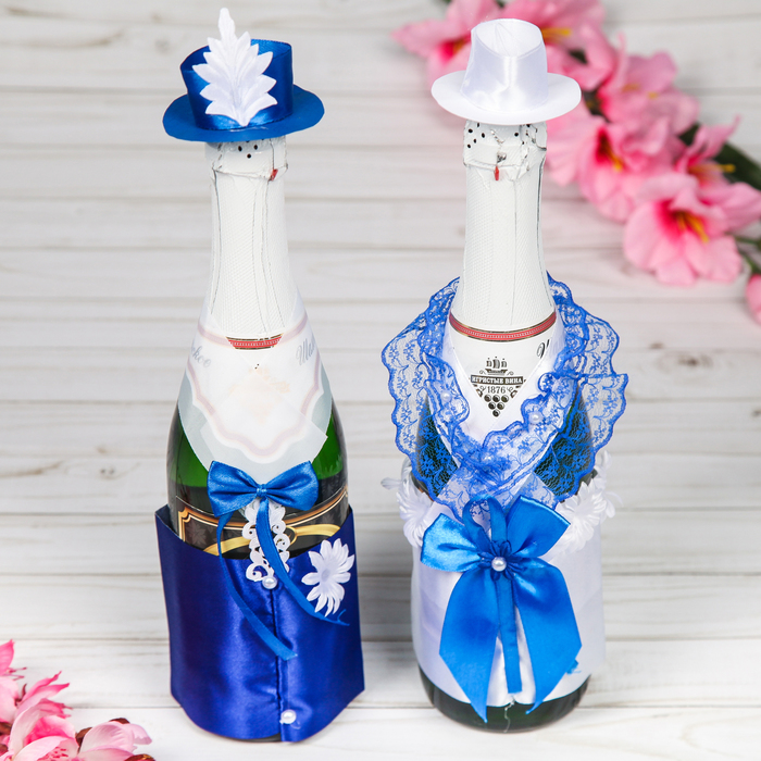 Одежда для шампанского "Свадебная пара", белый/синий