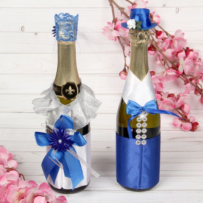 Одежда для шампанского "Свадебная пара", белый/синий