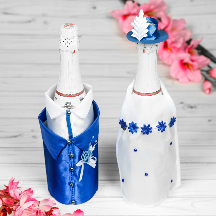 Одежда для шампанского "Жених и невеста", белый/синий