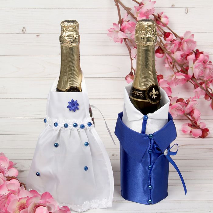 Одежда для шампанского "Жених и невеста", белый/синий