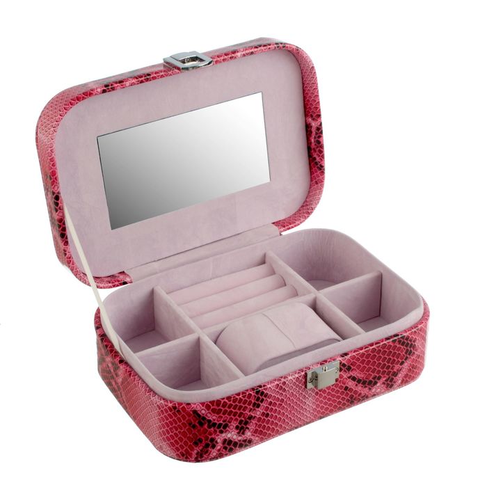 Шкатулка кожзам под часы 1 отделение и бижутерию "Розовый питон" 6,5х20х14 см