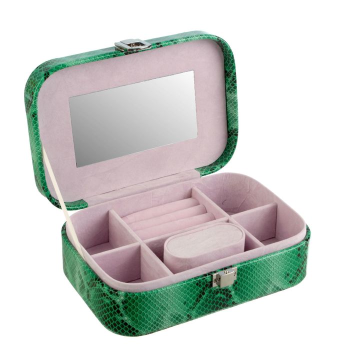 Шкатулка кожзам под часы 1 отделение и бижутерию "Зелёный питон" 6,5х20х14 см