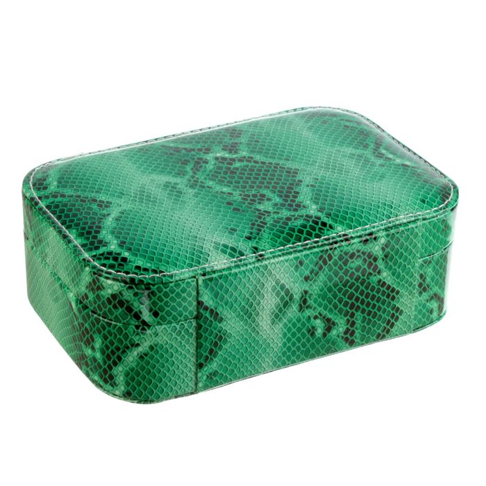 Шкатулка кожзам под часы 1 отделение и бижутерию "Зелёный питон" 6,5х20х14 см