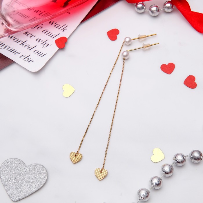 Серьги с жемчугом "Цепочки" сердечко, цвет МИКС