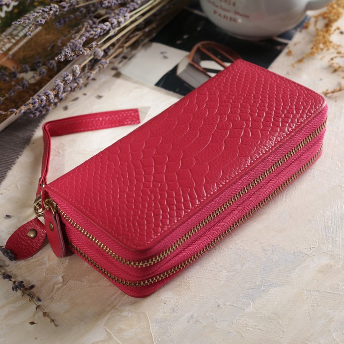 Кошелёк женский, 2 отдела на молниях, для карт, для монет, ручка, цвет малиновый