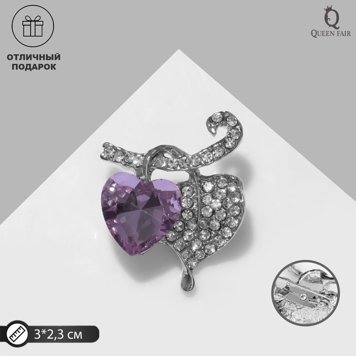 Брошь "Сердечки на веточке", цвет бело-сиреневый в серебре