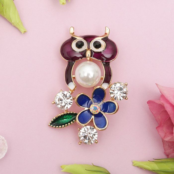 Брошь "Сова на цветущей ветви", разноцветная в золоте