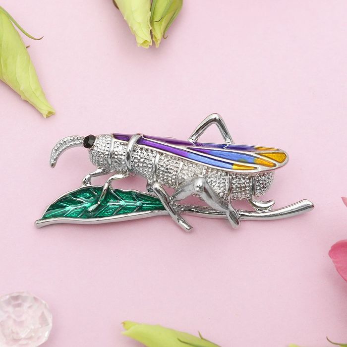 Брошь "Кузнечик", разноцветная в серебре