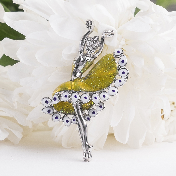 Брошь "Балерина танцовщица", цвет жёлтый в серебре