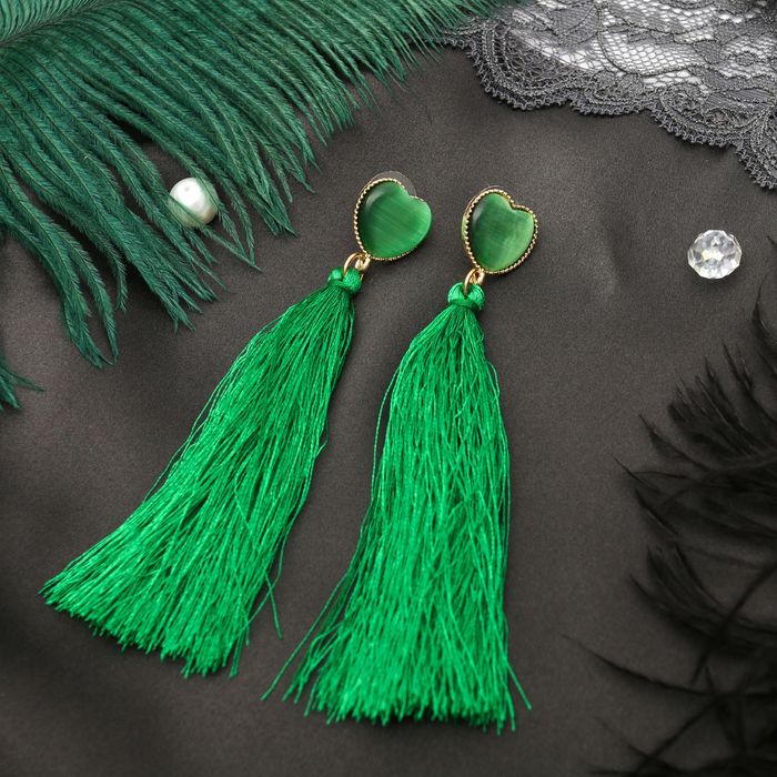 Серьги ассорти "Кисти" яркий образ, сердце, цвет зелёный в золоте