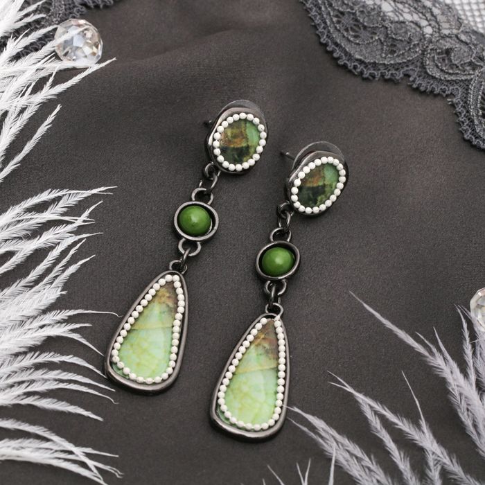 Серьги "Изыск" натурель, капля, цвет зелёно-коричневый в сером металле