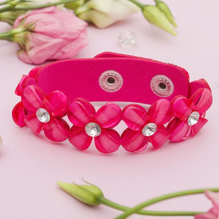 Браслет кожа "Цветы" сияющие, цвет розовый