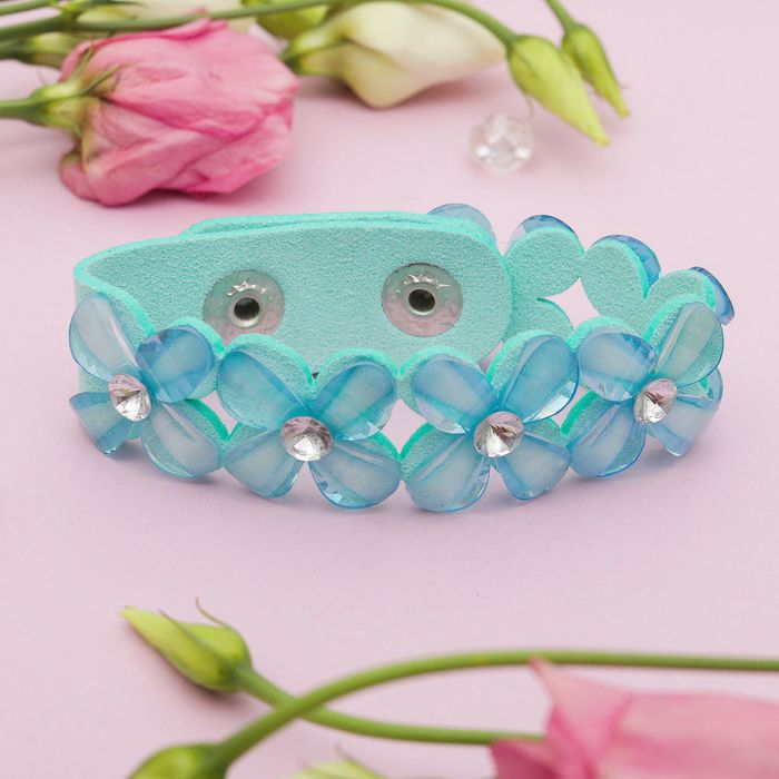 Браслет кожа "Цветы" сияющие, цвет мятный