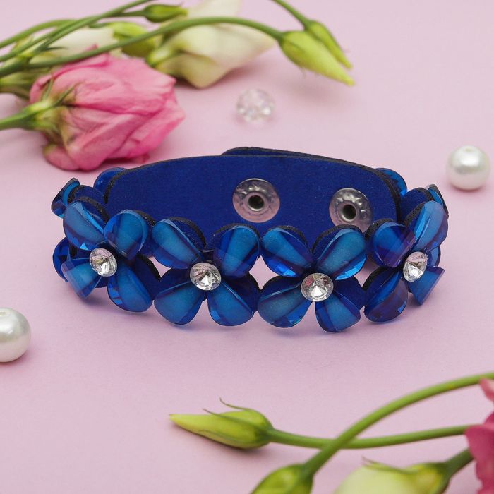 Браслет кожа "Цветы" сияющие, цвет синий