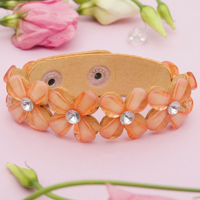 Браслет кожа "Цветы" сияющие, цвет бежевый