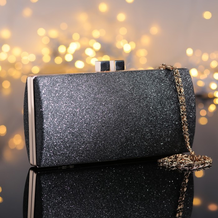 Клатч женский, отдел на фермуаре, длинная цепь, цвет серый