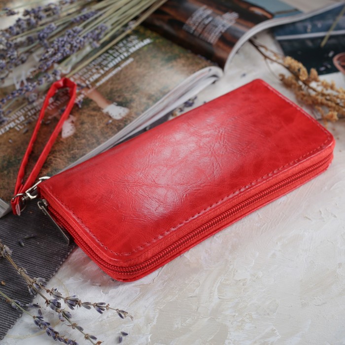 Кошелёк женский на молнии, с ручкой, 2 отдела, отдел для монет, карт, цвет красный