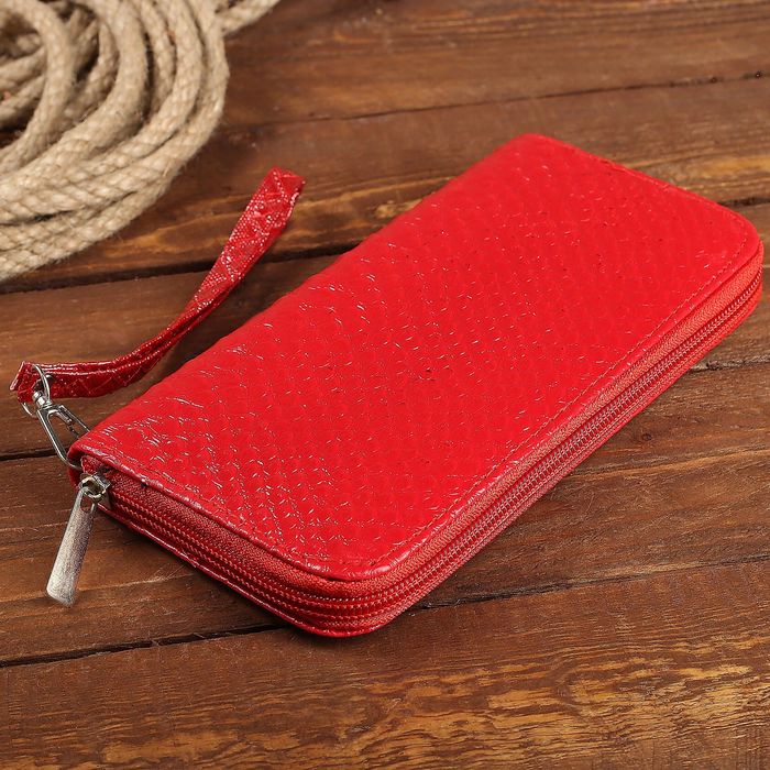 Кошелёк женский на молнии, с ручкой, 2 отдела, отдел для монет, карт, цвет красный