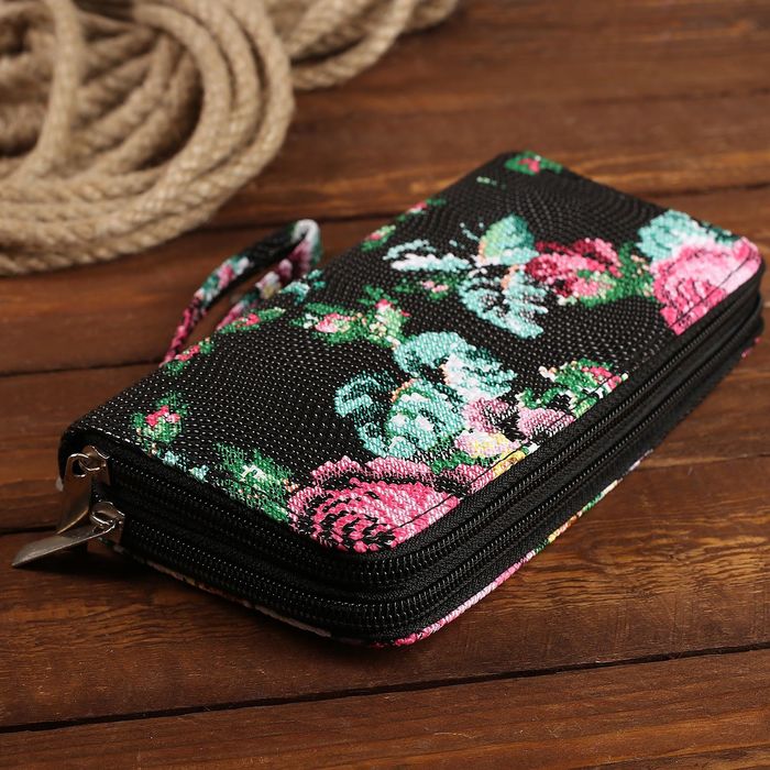 Кошелёк женский на молнии, с ручкой, 5 отделов, отдел для карт, цвет чёрный