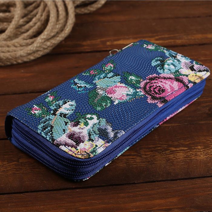 Кошелёк женский на молнии, с ручкой, 5 отделов, отдел для карт, цвет синий