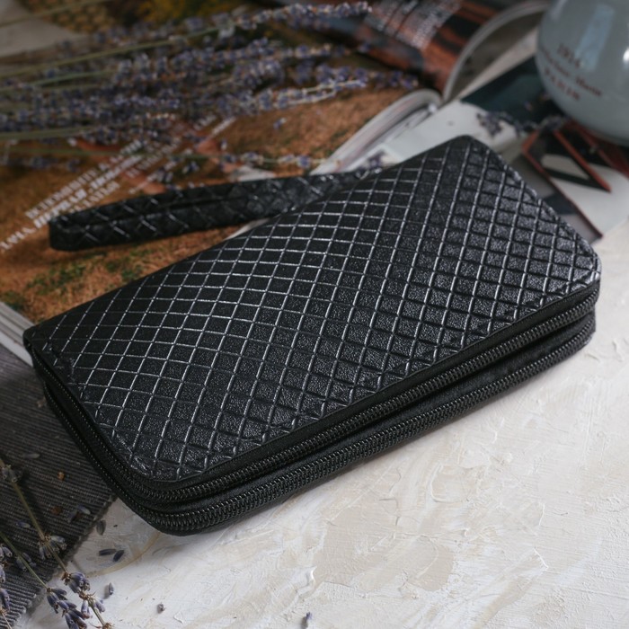 Кошелёк женский на молнии, с ручкой, 5 отделов, отдел для карт, цвет чёрный