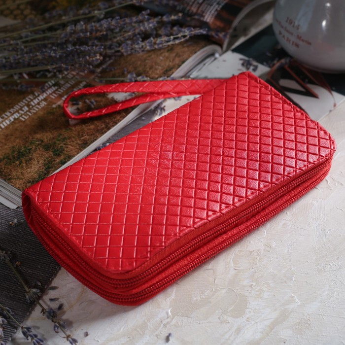 Кошелёк женский на молнии, с ручкой, 5 отделов, отдел для карт, цвет красный