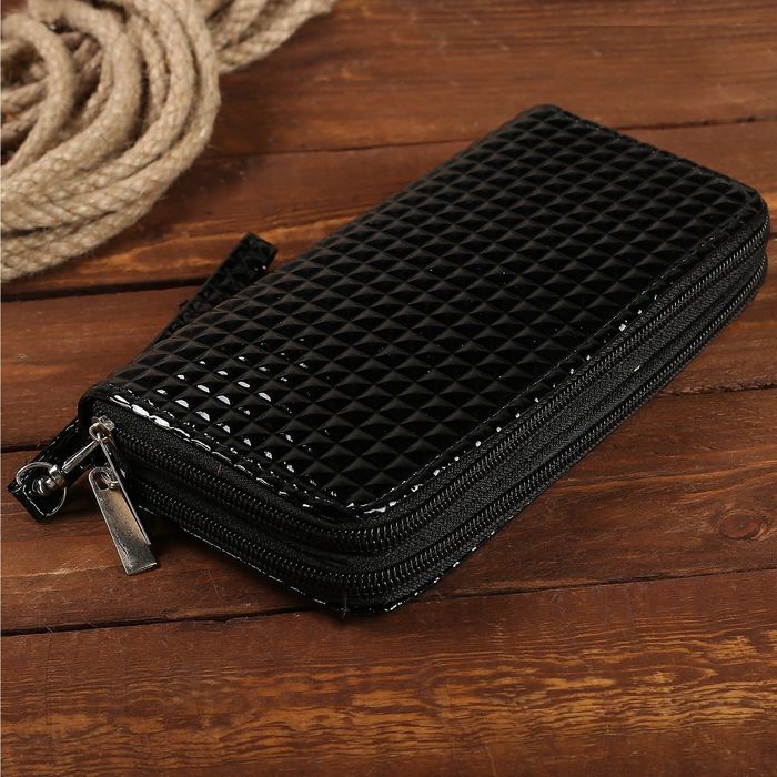 Кошелёк женский на молнии, с ручкой, 5 отделов, отдел для карт, цвет чёрный