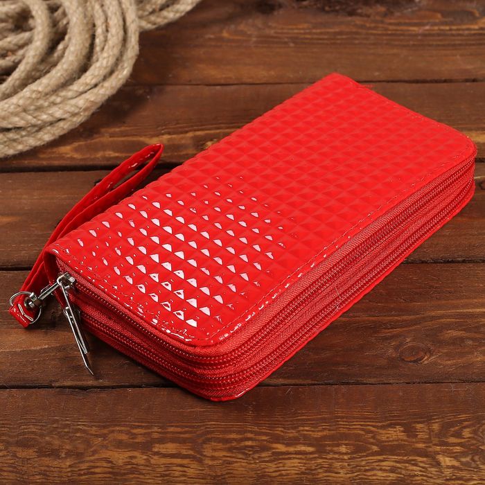 Кошелёк женский на молнии, с ручкой, 5 отделов, отдел для карт, цвет красный