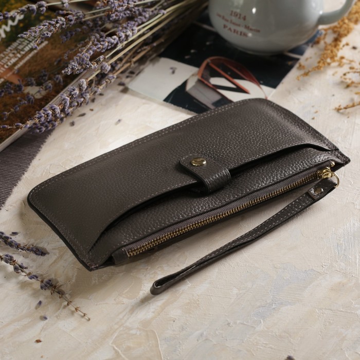 Кошелёк женский, отдел на молнии, 2 наружных кармана, с ручкой, цвет серый