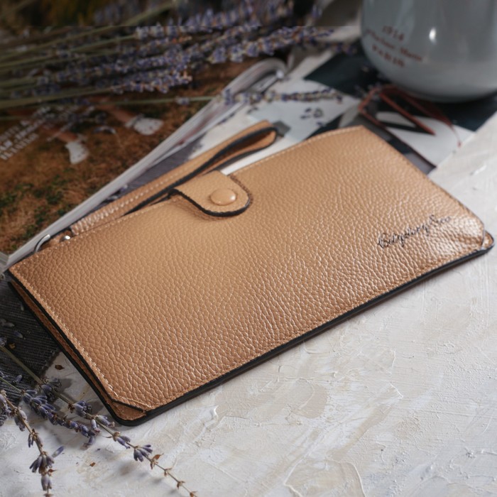 Кошелёк женский на кнопке, 1 отдел, отдел для карт, наружный карман, цвет бежевый