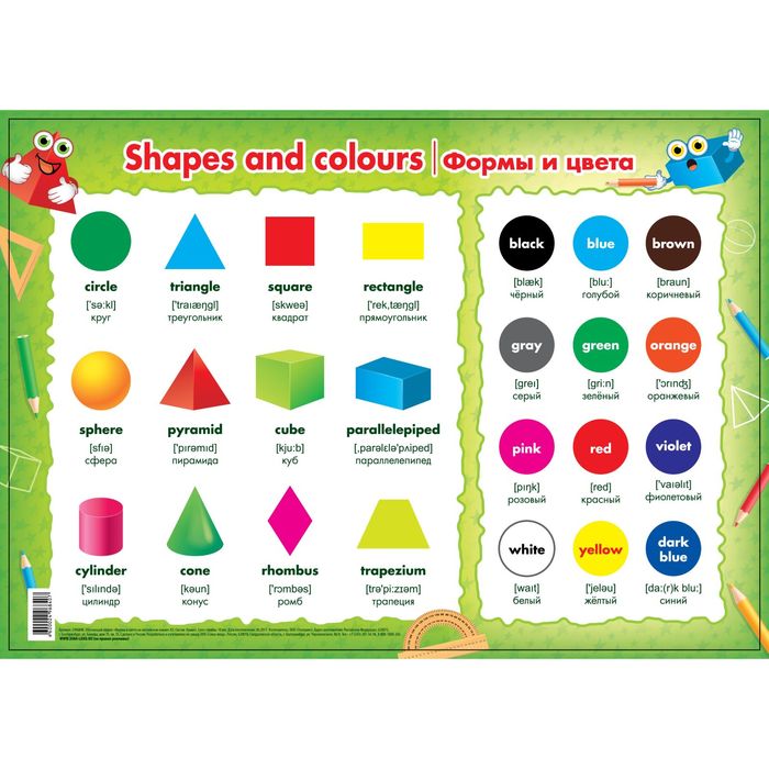 Обучающий плакат "Формы и цвета на английском языке" А3