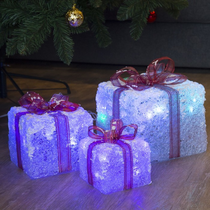 Фигура акрил. "Подарки" Кубы красн лента 15х20х25 см,(3хАА не в компл.) USB, 60 LED, МУЛЬТИ