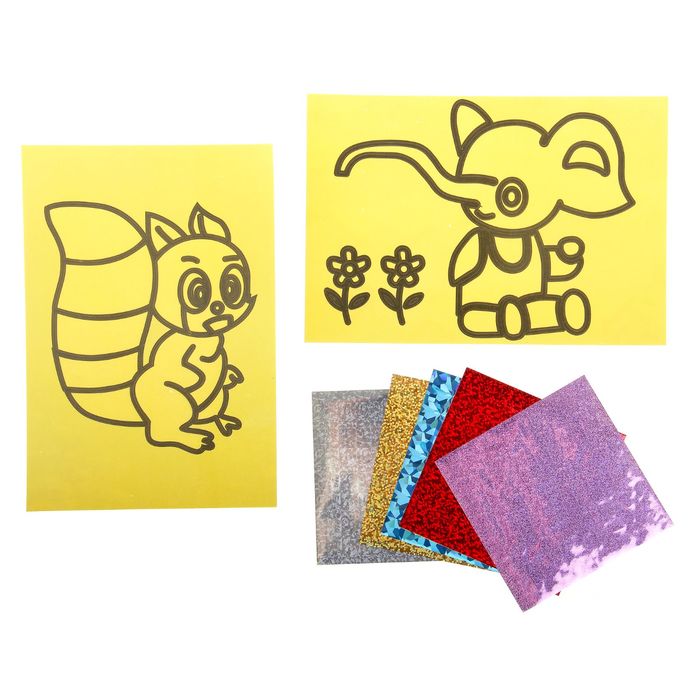 Фреска фольгой - оборот раскраска "Слоник и белочка"