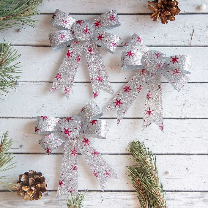 Украшение новогоднее "Бант" серебристый со снежинками (набор 3 шт) 9*10 см