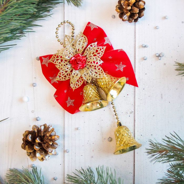 Украшение новогоднее "Колокольчики"золото с красным 10*15 см